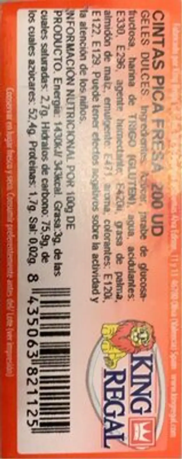 KR Lengua Fresa Pica 200 Und nutrition facts table