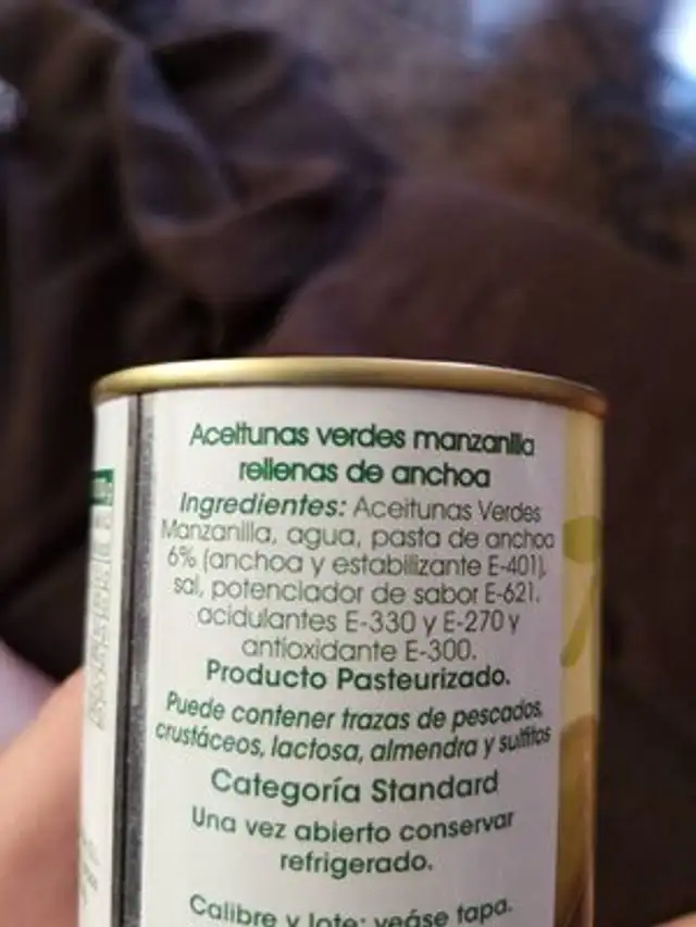 Aceitunas verdes manzanilla rellenas de anchoa ingredients label