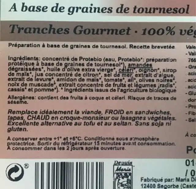 Tranche gourmet Protebio ingredients label