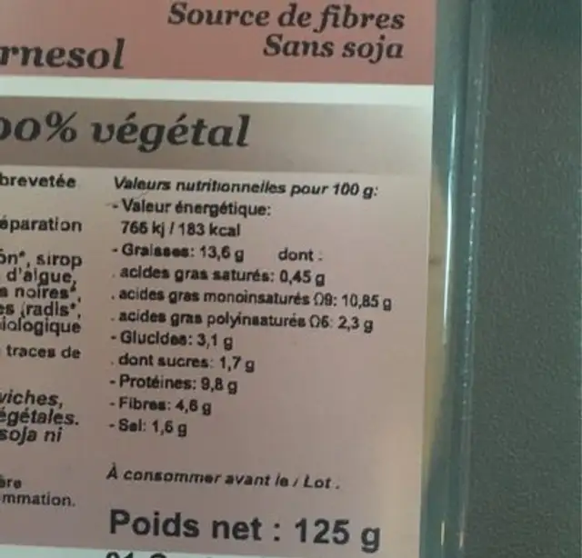 Tranche gourmet Protebio nutrition facts table