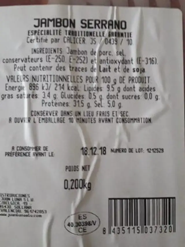 Jambon fumé nutrition facts table