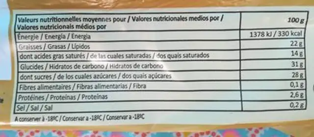 IChoc white nutrition facts table