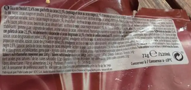 Cônes Chocolat ingredients label