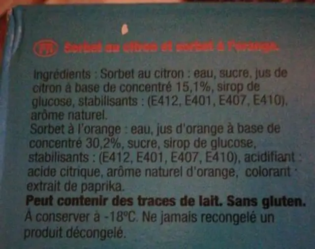 Sorbet au citron ingredients label