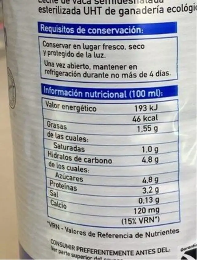 Leche Semidesnatada nutrition facts table