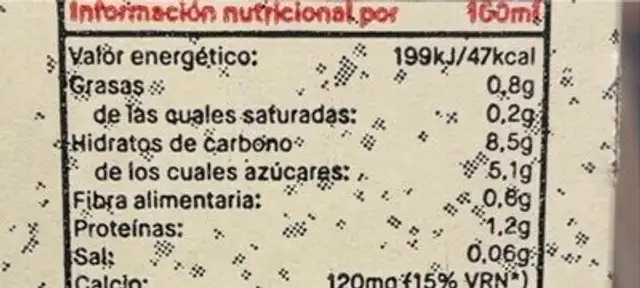 Bebida de Avena nutrition facts table