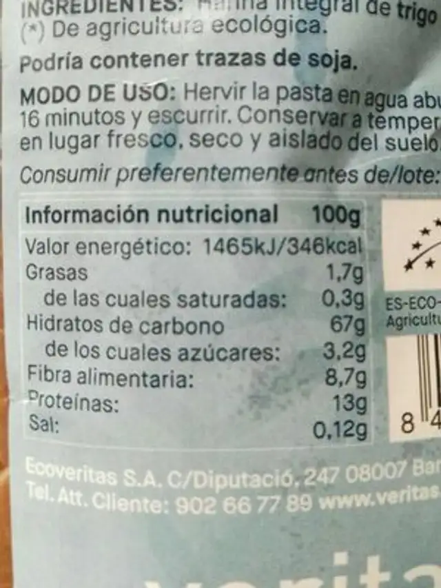 Macarrones de Espelta nutrition facts table