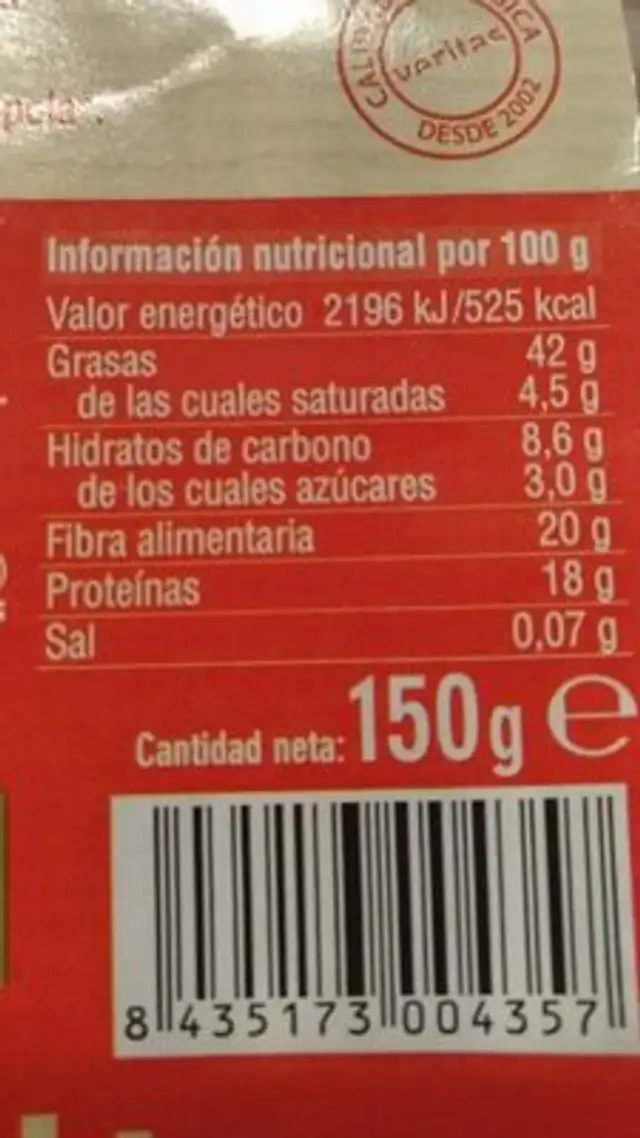Semillas de Amapola nutrition facts table