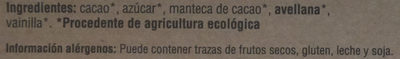 Chocolate negro con avellanas ingredients label