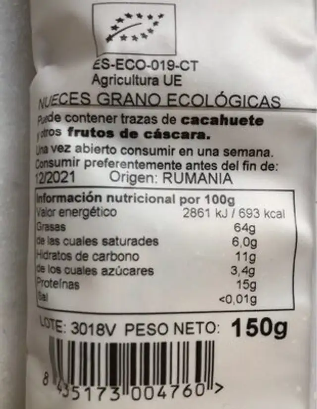 Nueces Grano Eco nutrition facts table