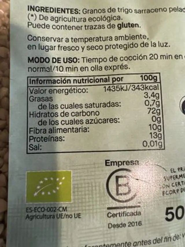 Trigo Sarraceno Eco Veritas 500G nutrition facts table