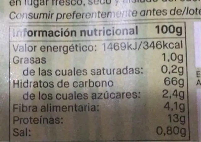 Tallarines tricolor nutrition facts table