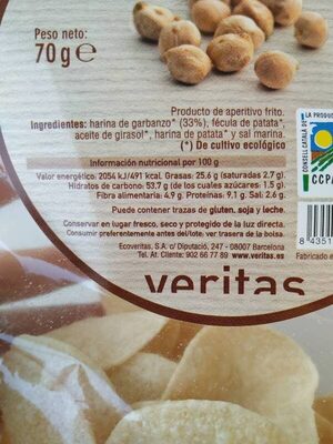 Chips de garbanzos ingredients label