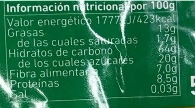 Crunchy avena integral nutrition facts table