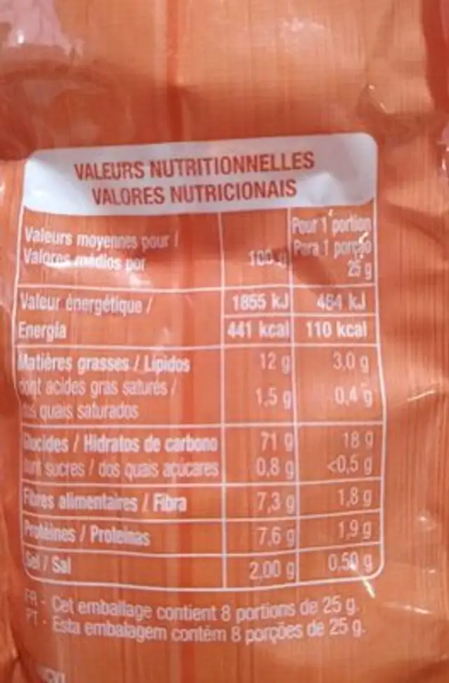 Maïs temdre grillé et salé nutrition facts table