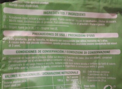 Arándanos rojos ingredients label