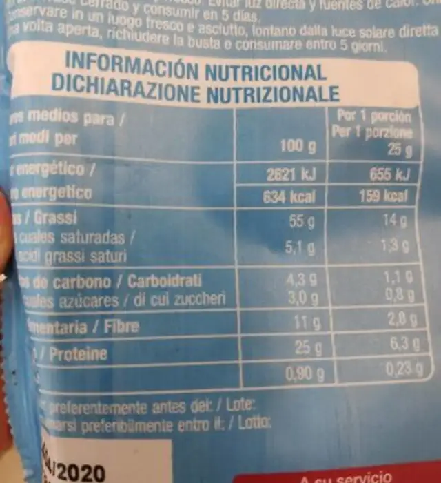 Almendras sabor ahumado nutrition facts table