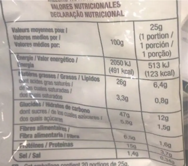 Mix Party nutrition facts table