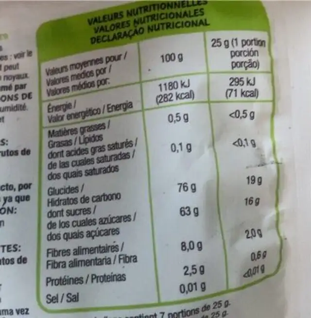 Dattes denoyautes nutrition facts table