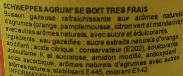Schweppes Citrus Mix ingredients label