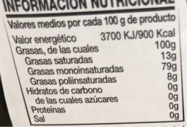 Aceite de oliva virgen extra nutrition facts table