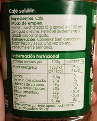 Café soluble Natural nutrition facts table