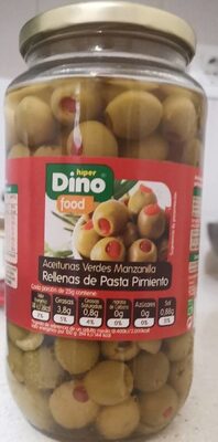 Aceitunas verdes manzanilla rellenas de pasta de pimiento front packaging