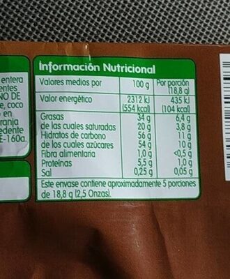 Chocolate relleno sabor naranja nutrition facts table