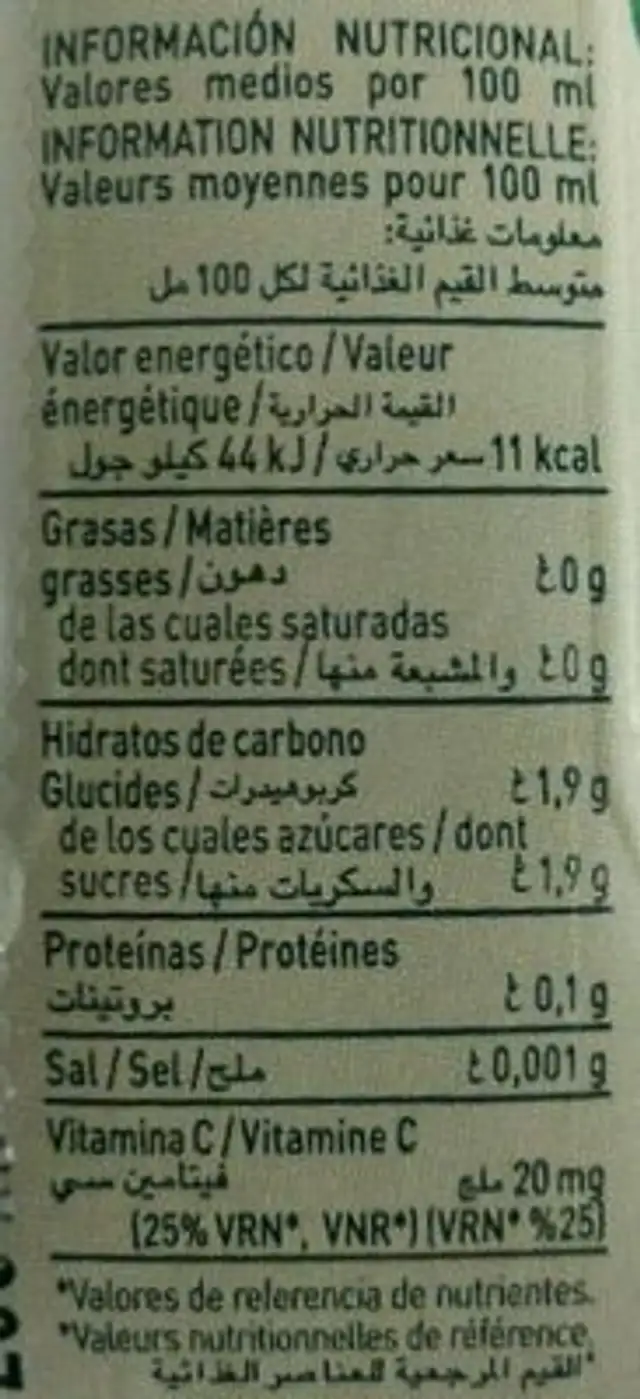 Zumo de naranja nutrition facts table