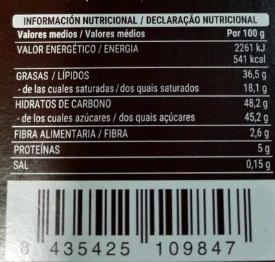Barritas chocolate negro nutrition facts table