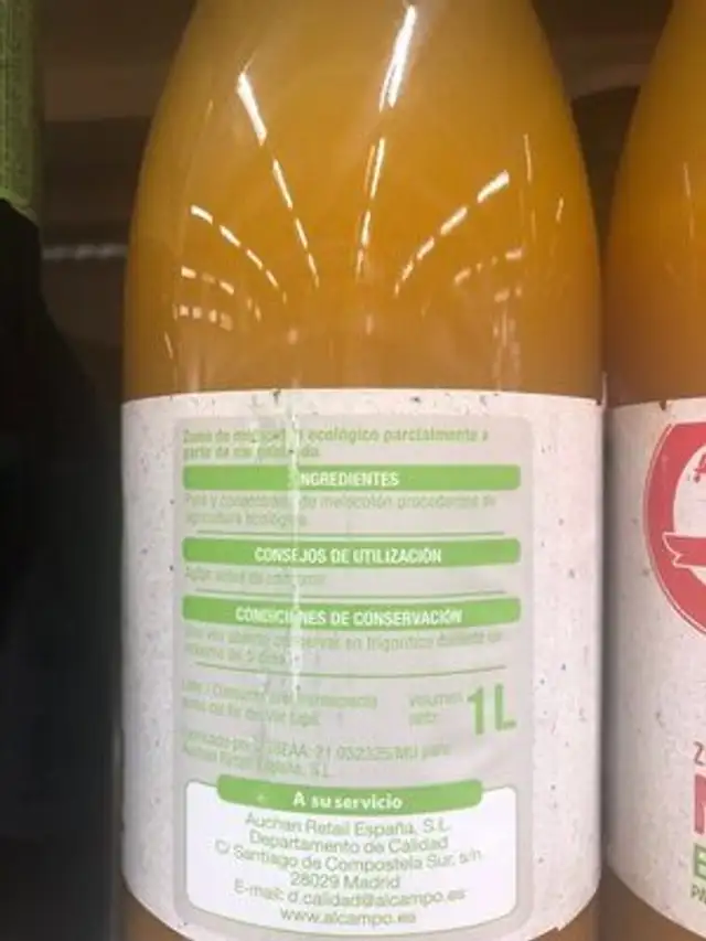 Zumo de melocoton ingredients label