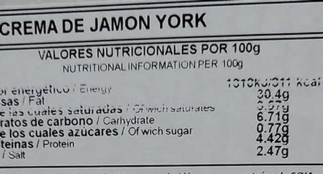 Crema de York nutrition facts table