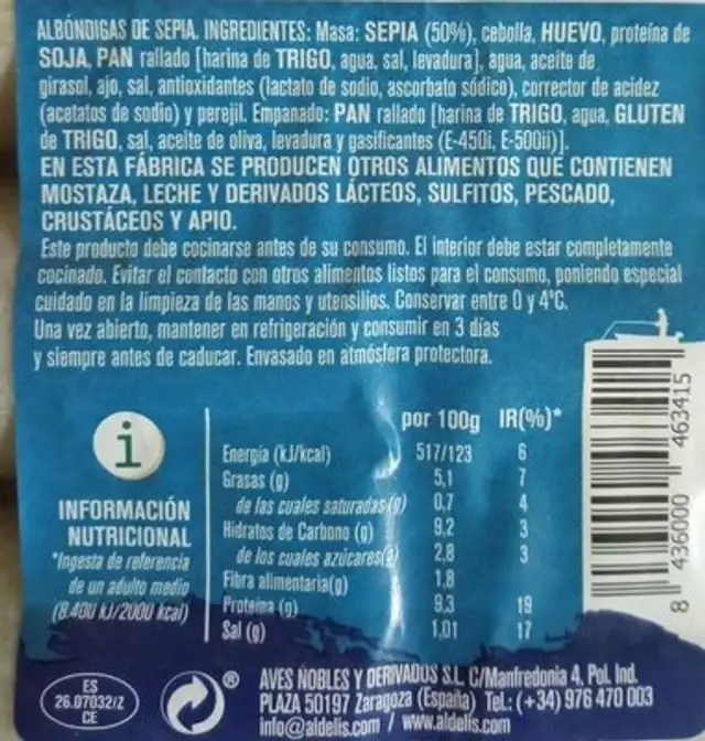 Albóndigas de sepia nutrition facts table