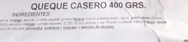 Queque casero nutrition facts table