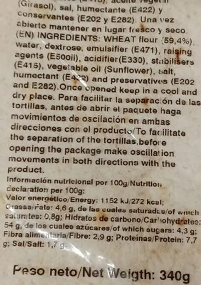 Tortilla trigo nutrition facts table