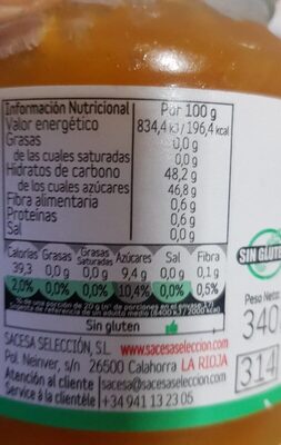 Mermelada melocoton nutrition facts table