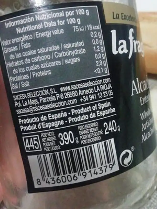 Alcachofas nutrition facts table
