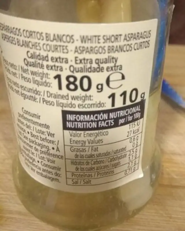 Espárragos blancos cortos nutrition facts table