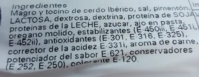 Chorizo iberico ingredients label
