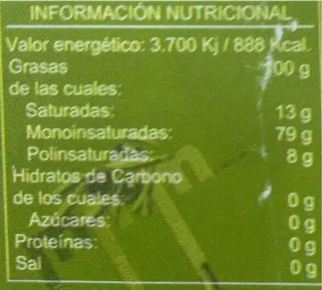 Aceite de Oliva Virgen Extra nutrition facts table