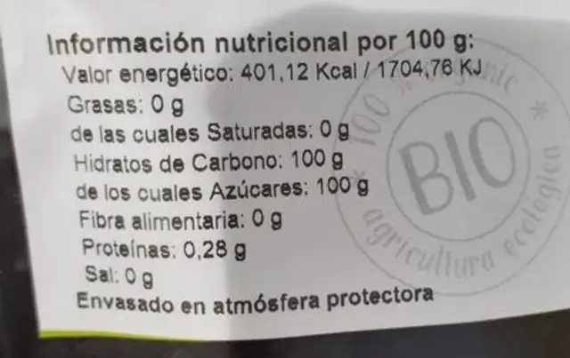 Azúcar de caña nutrition facts table