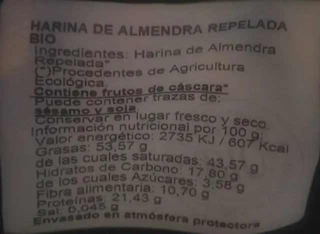 Harina de almendra bio nutrition facts table