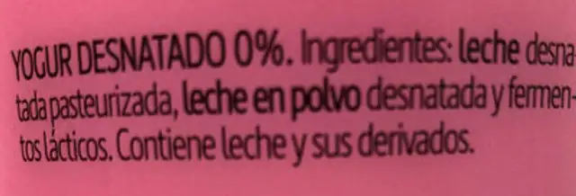 Yogur desnatado 0% ingredients label