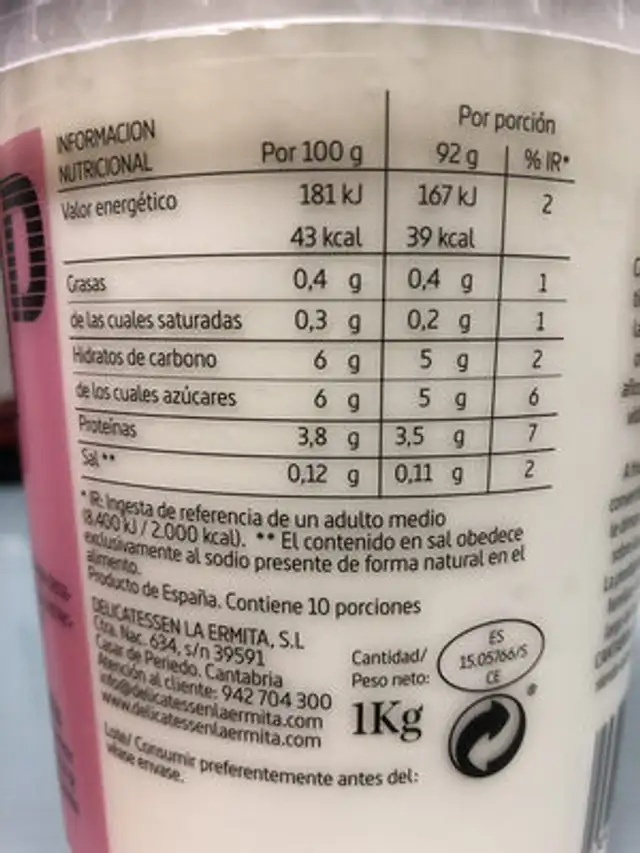 Yogur desnatado 0% nutrition facts table