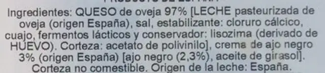 Queso De Oveja Con Ajo Negro ingredients label