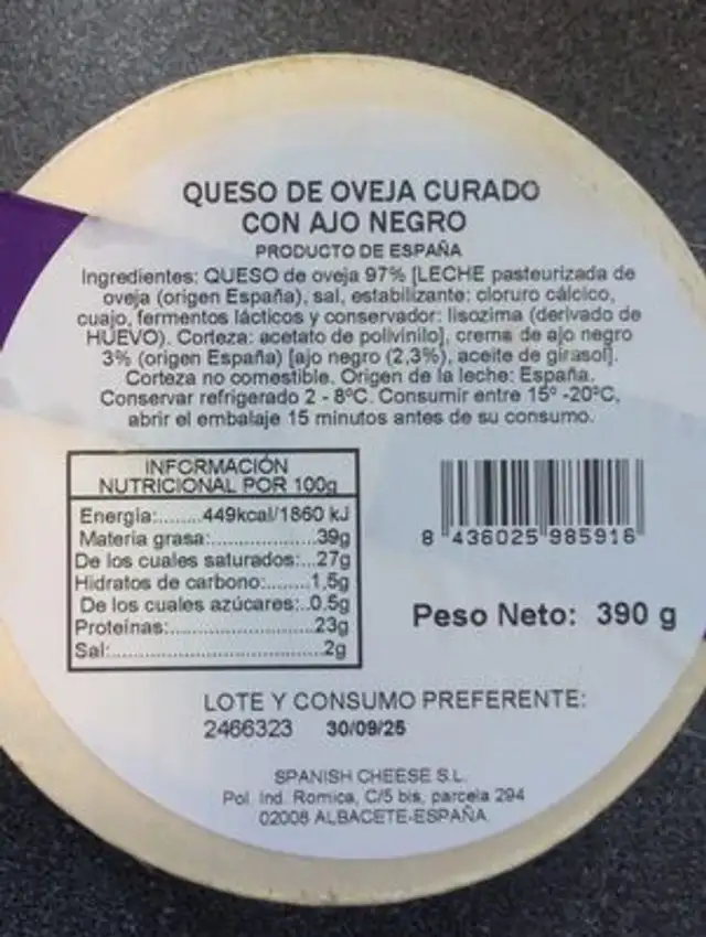 Queso De Oveja Con Ajo Negro nutrition facts table