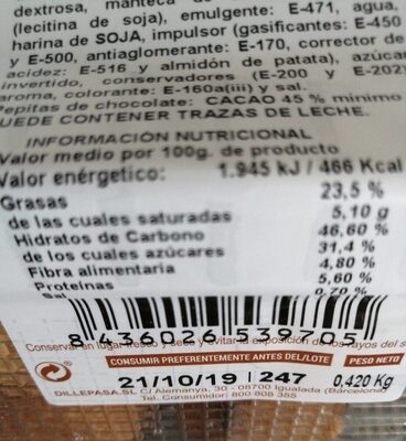 Magdalena pepitas choco nutrition facts table