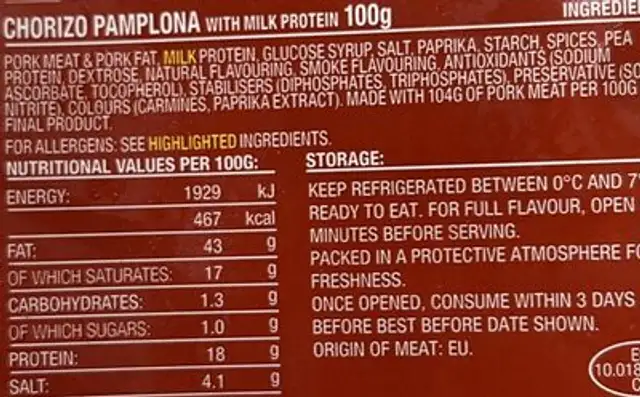 Unknown nutrition facts table