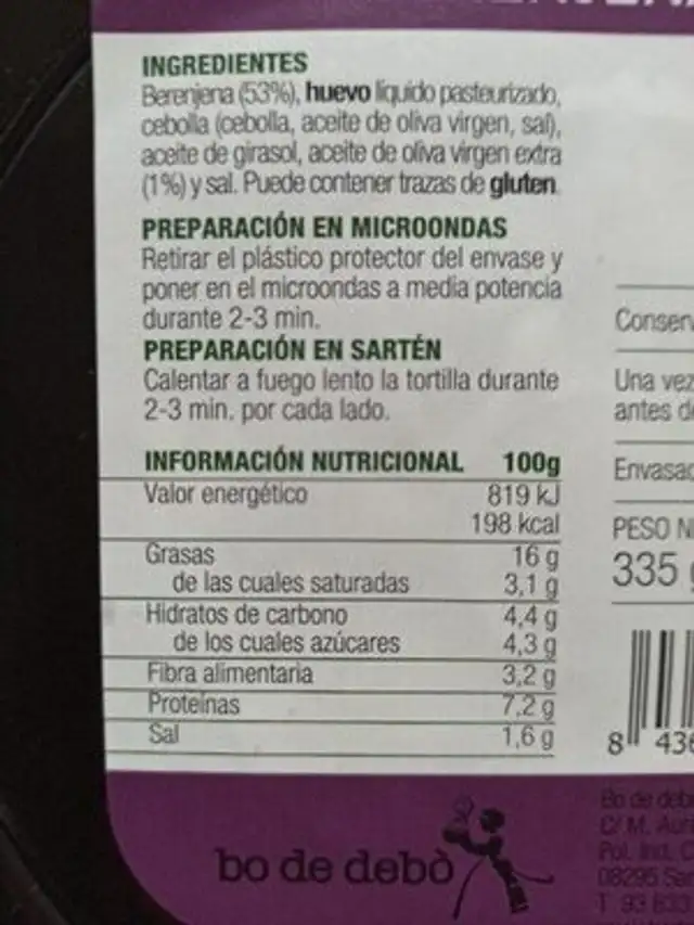 Tortilla berenjena ingredients label