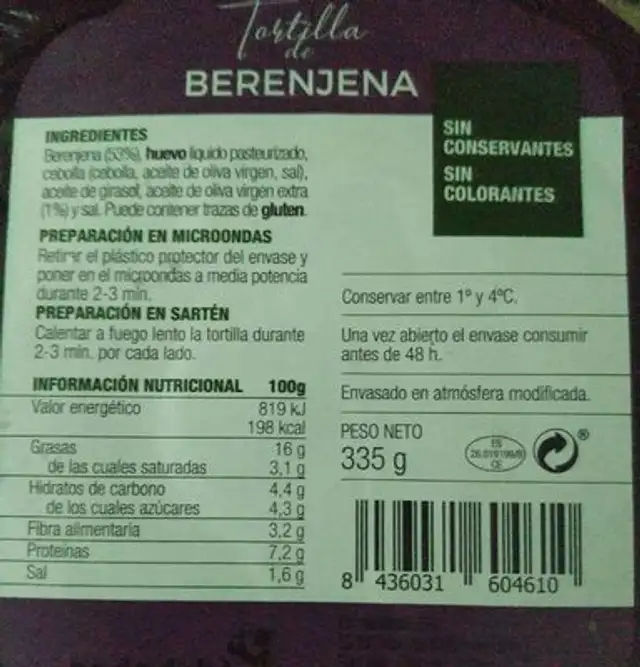 Tortilla berenjena nutrition facts table